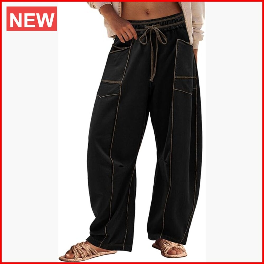 Polyester Blend Barrel Pants with Drawstring Wide… - image 1